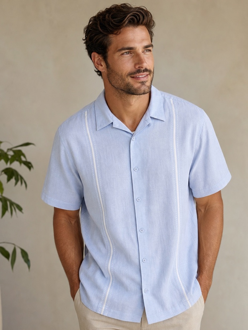 Cubavera Shirt Mens Sz XXL Linen Blend Guayabera Panal Blue Family Photos Cuban
